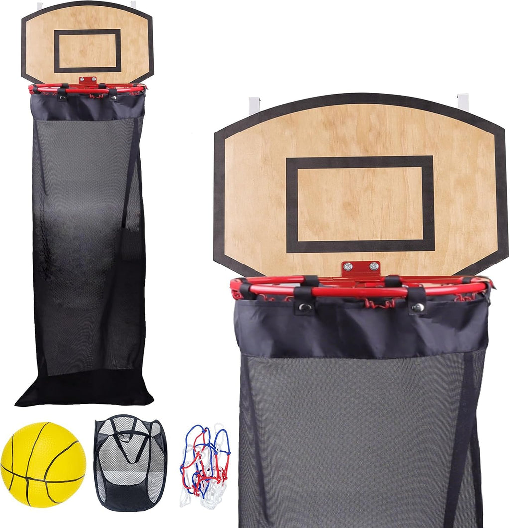 Basketball Laundry Hamper, Over The Door Hoop with Laundry Basket, Sports-Themed Hamper Organizer Set with Backboard