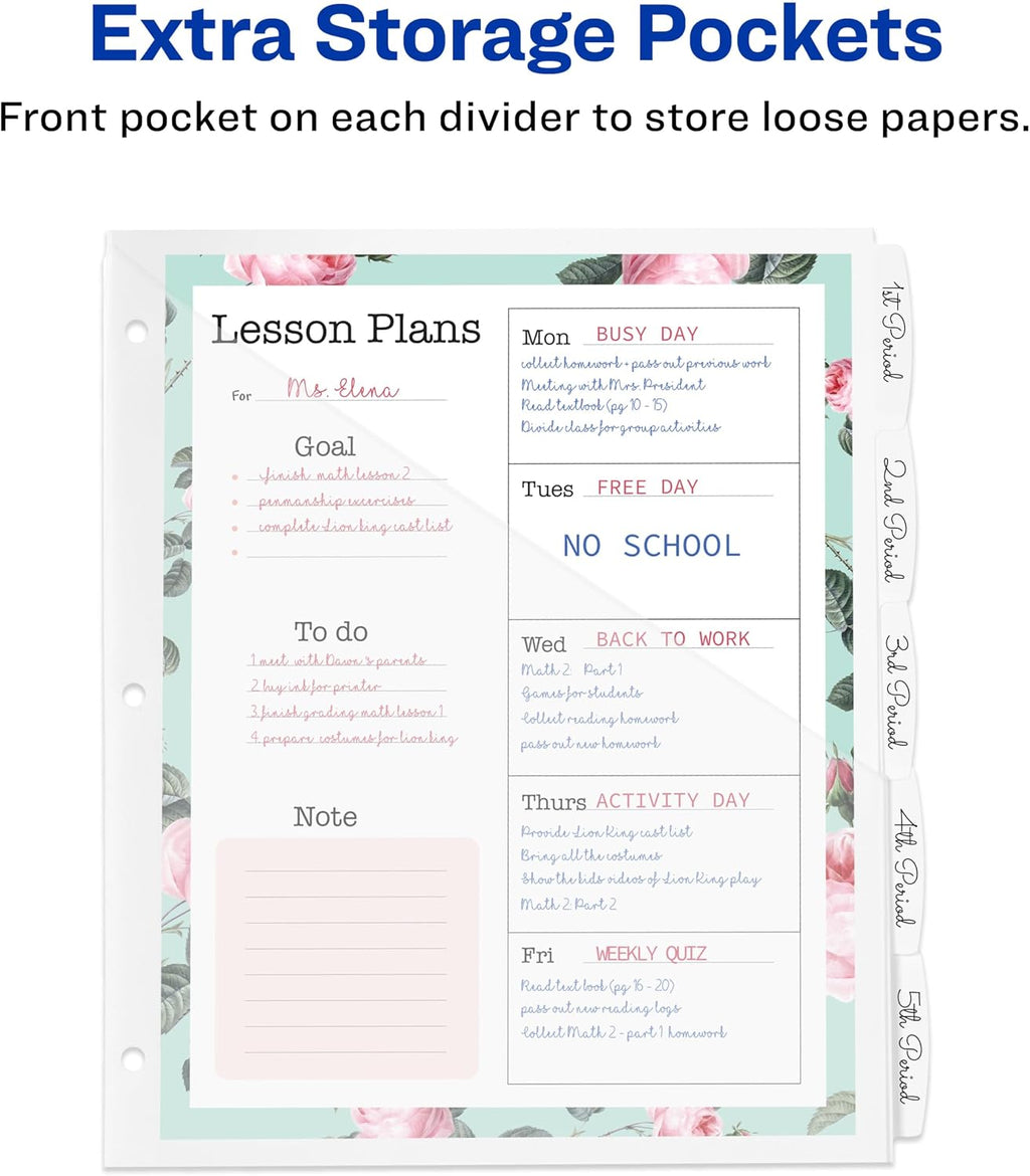Durable Plastic 5 Tab Write & Erase Dividers for 3 Ring Binders, Slash Pocket, Translucent White, Works with Sheet