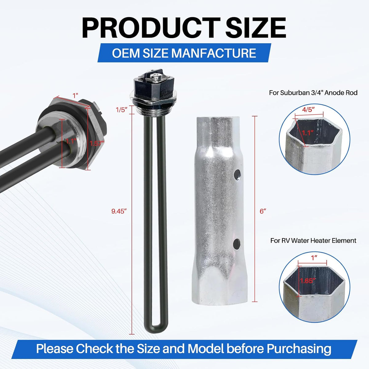 110V/120V RV Water Heater Element and Hex Wrench for Atwood/Suburban