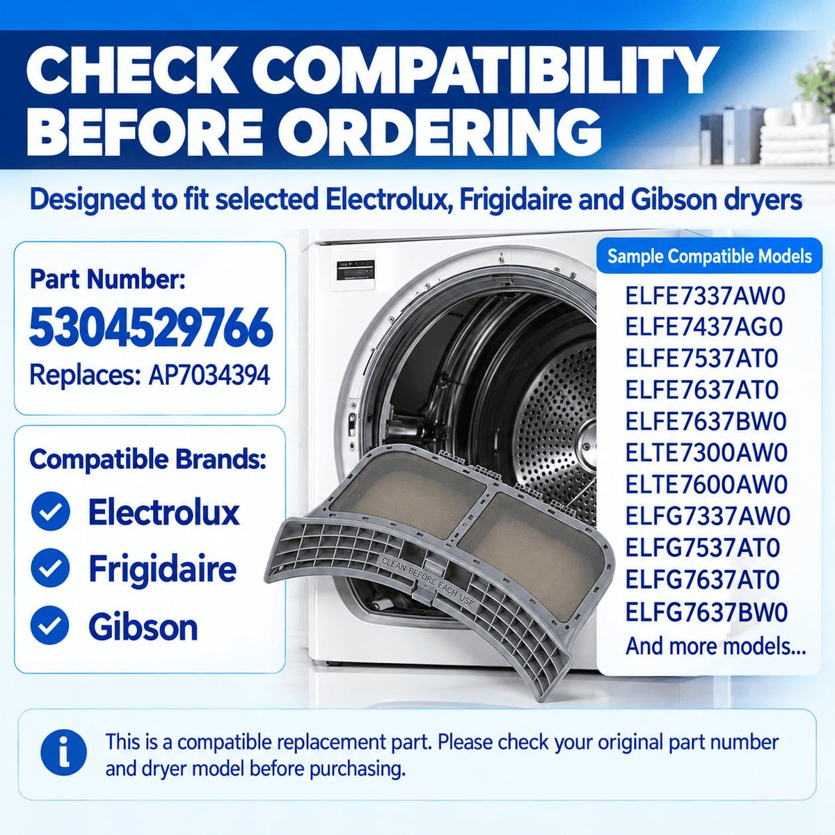 GJRGEG1Y Dryer Lint Filter for Electrolux ELFE7537AW1 2021–2025,Replacement Efficient Airflow