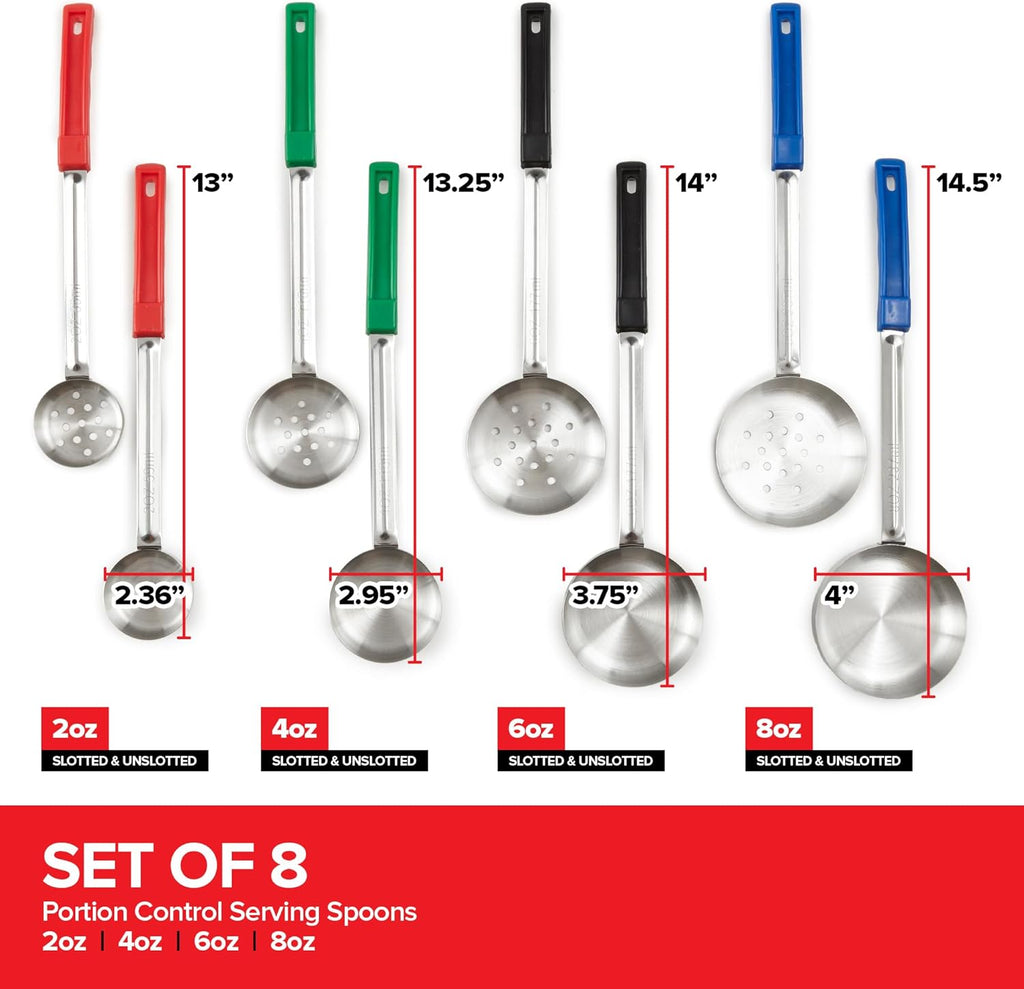 Portion Control Serving Spoons (Set of 8), Slotted & Unslotted Portion Scoops for Food, Heavy Duty Stainless Steel