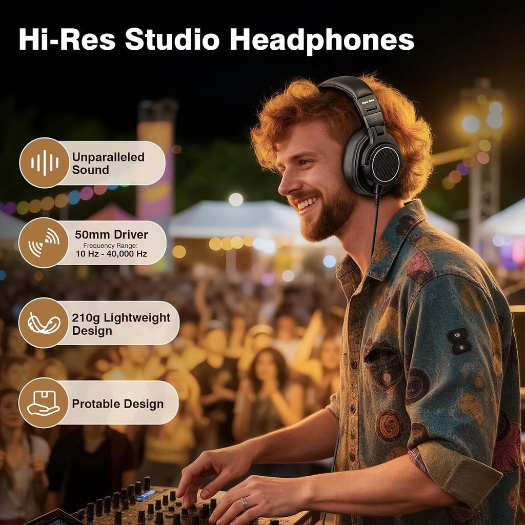 Wired Over Ear Headphones, Studio Headphones with 50mm Drivers and 6.35mm & 3.5mm Jack DJ Headphones for Studio