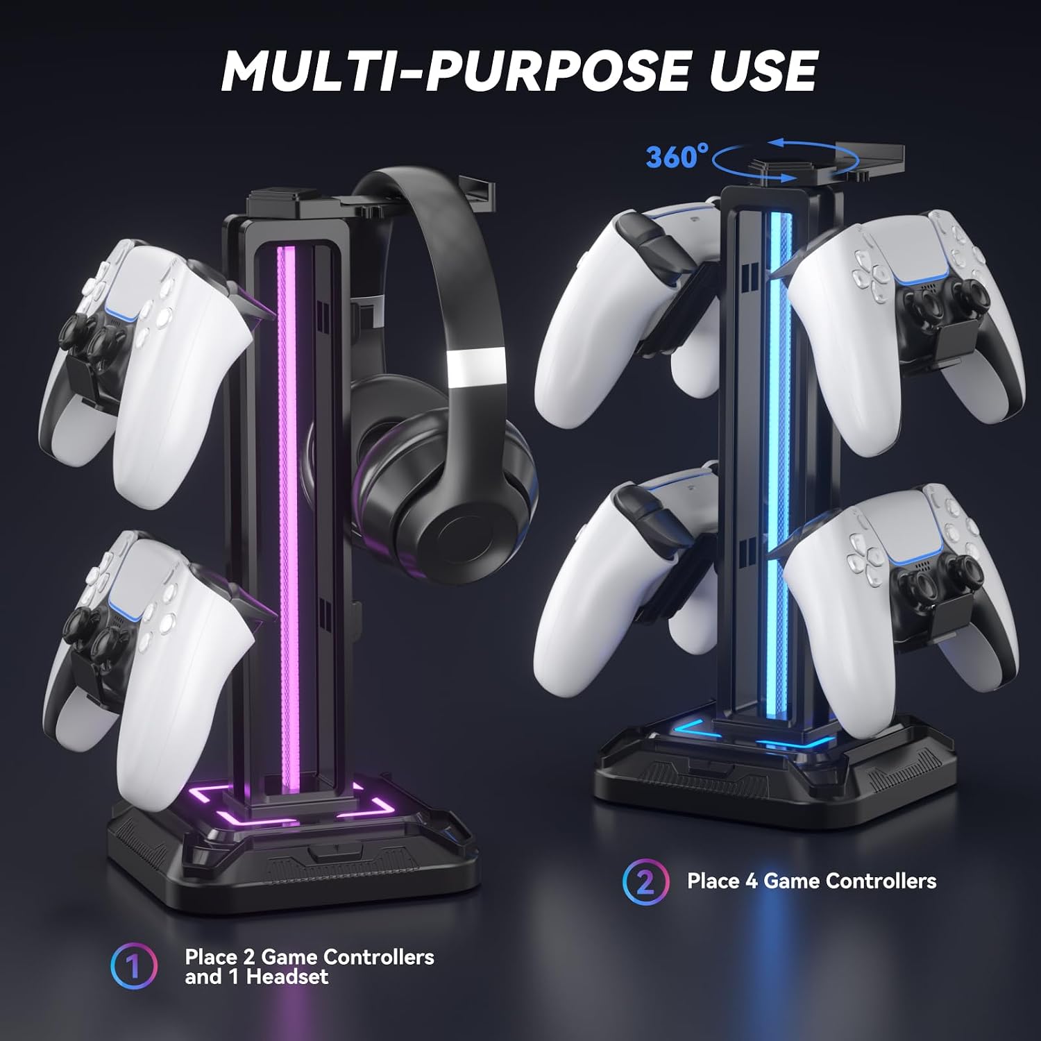 RGB Headset Stand with 9 Light Modes - Controller Holder for Desk - Rotatable Headphone Stand & Detachable Controller