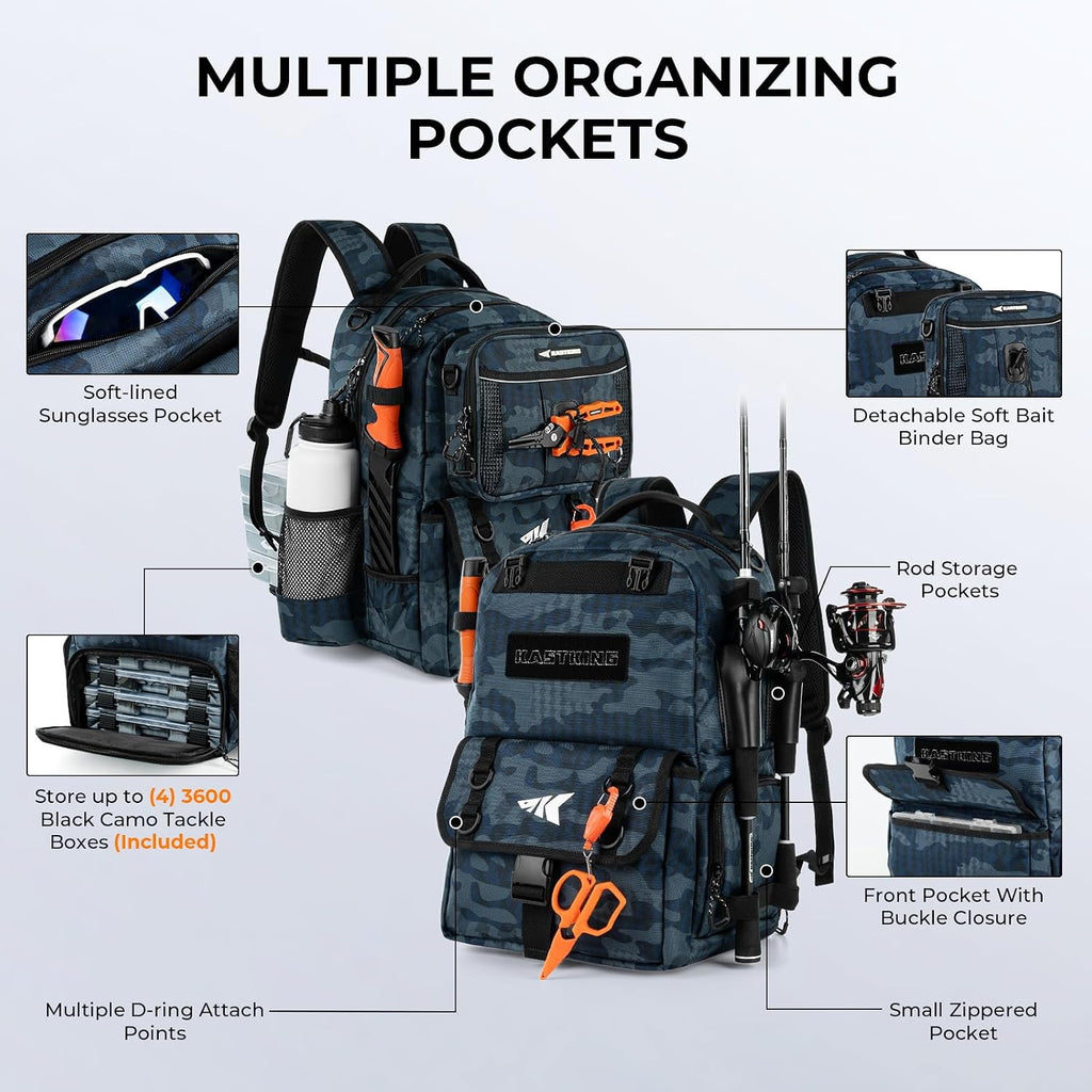 BaitSpace Fishing Tackle Backpack with Removable Bait Binder,2 Rod Holders Storage Fishing Gear and Equipment | 50L