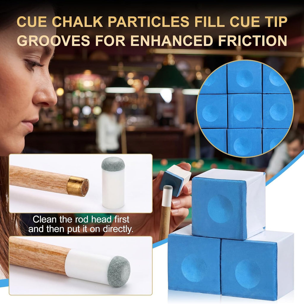 Pool Stick Accessories Set, 12 Cubes Blue Pool Cue Chalk and Slip on Billiard Cue Tips Replacement Kit 4 Sizes 9mm
