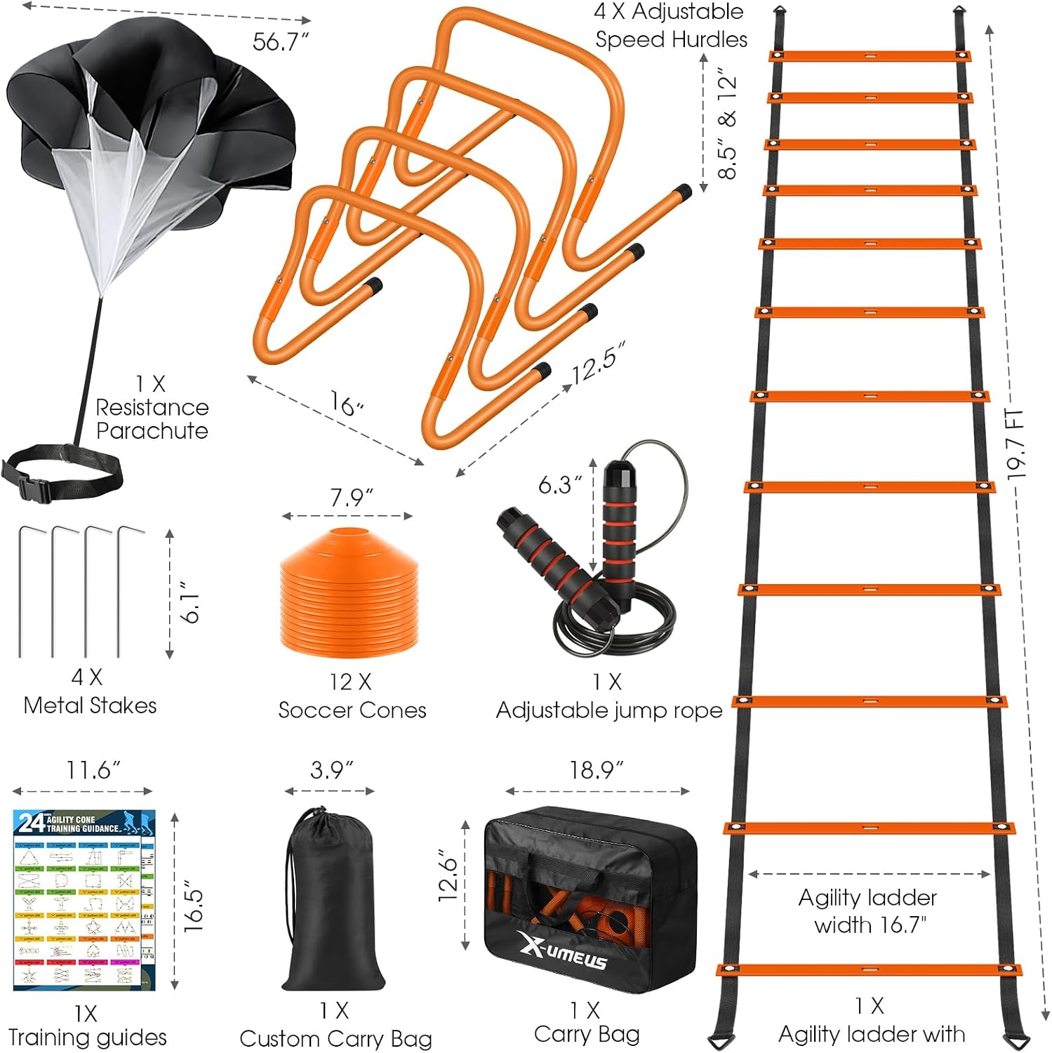 Agility Ladder Speed Training Equipment Set-20ft Agility Ladder,12 Soccer Cones,4 Hurdles, Jump Rope, Running