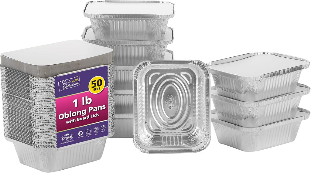 Aluminum Pans with Lids - 50 Count - 1LB Oblong Pans (5"x4")- To Go Containers with Lids - Disposable Tin Foil Pans