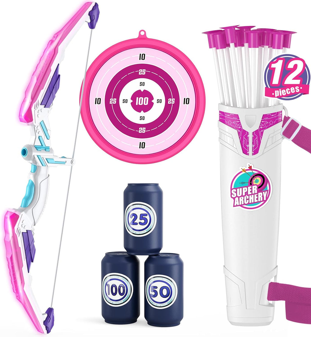 Bow and Arrow for Kids, LED Light Up Girls Archery Set | with 12 Suction Cup Arrows, 1 Hanging Target, 3 Score