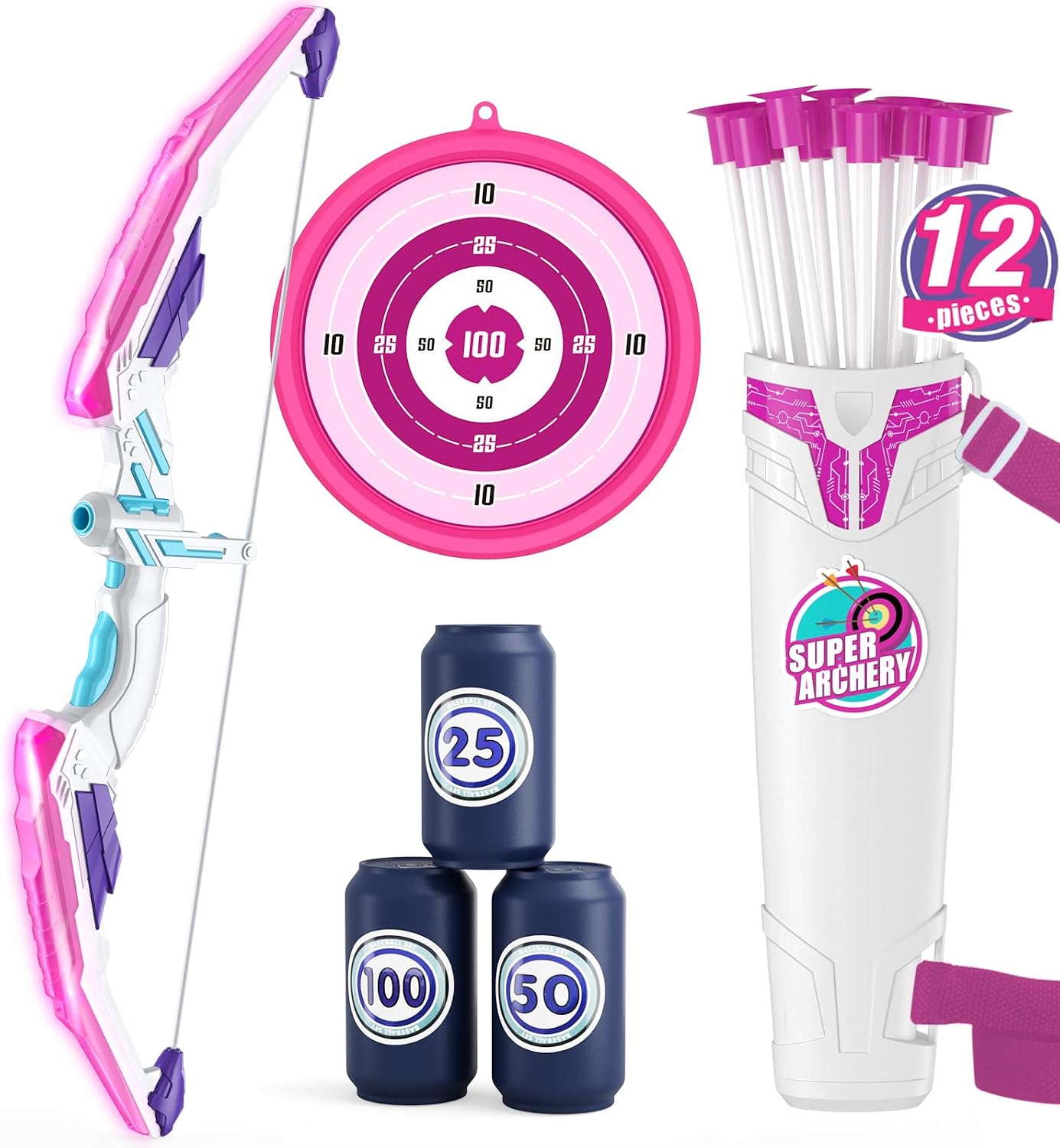Bow and Arrow for Kids, LED Light Up Girls Archery Set | with 12 Suction Cup Arrows, 1 Hanging Target, 3 Score