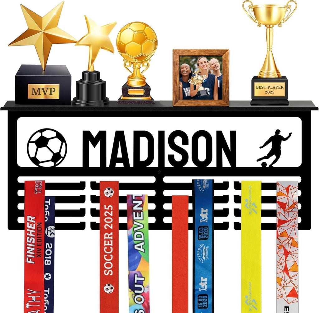 Personalized Medal Hanger Display with Trophy Shelf | Custom Name, 3 Sizes, 3 Colors & 100+ Sports Icons Baseball