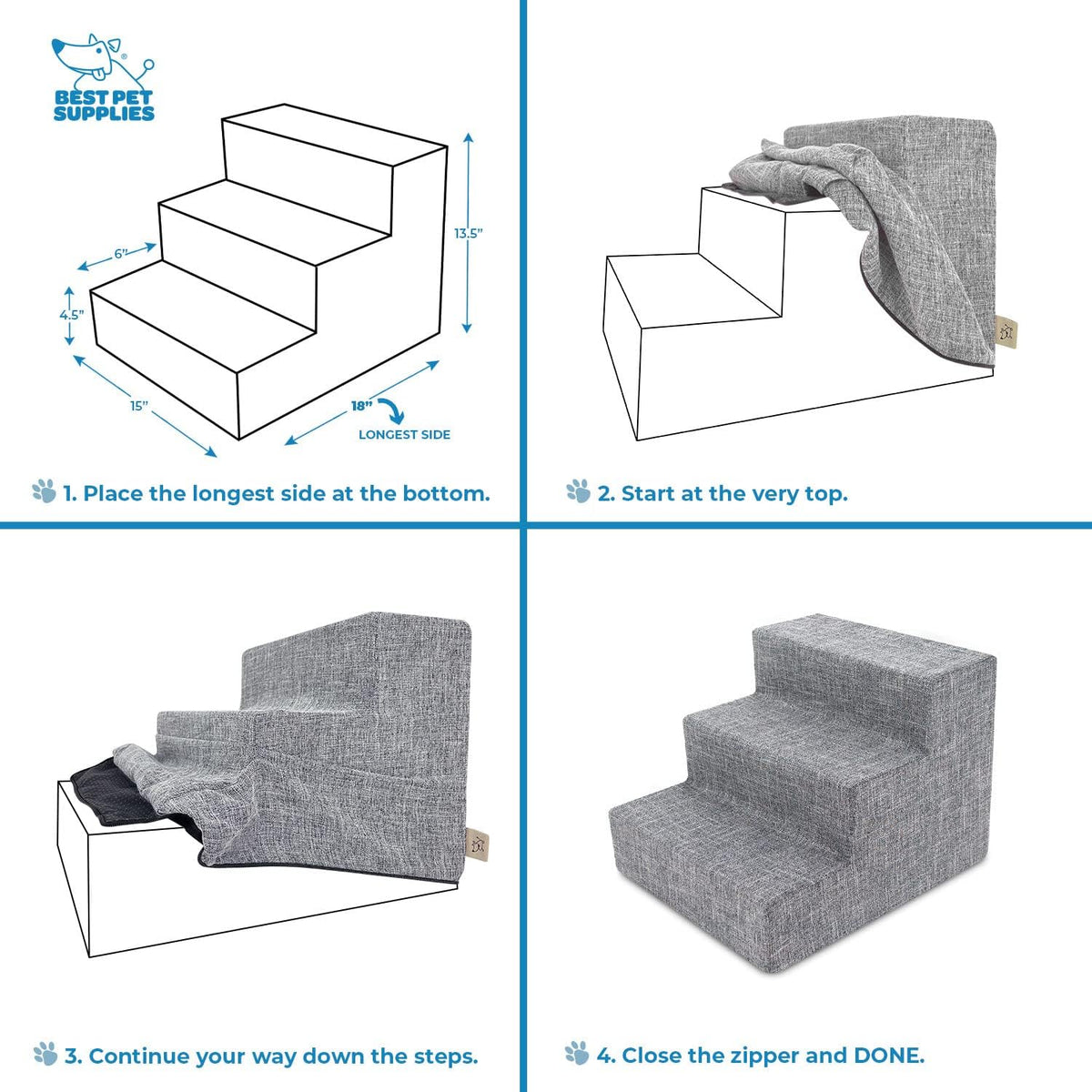 Foam Pet Steps Cover for Small Dogs and Cats, Portable Ramp Stairs for Couch, Sofa, and High Bed Climbing (Cover