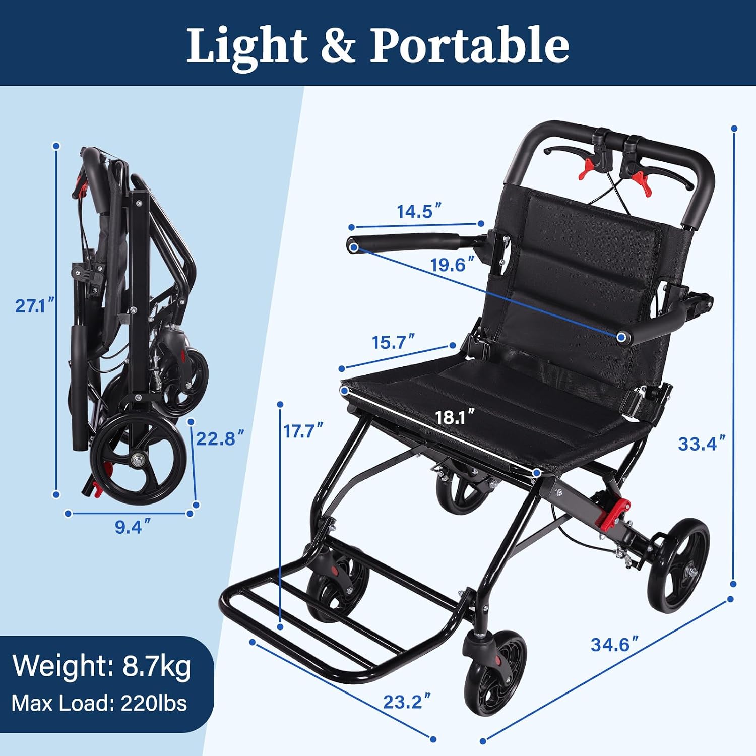Lightweight Transport Wheelchair for Adults & Seniors, 19 lb Folding Travel Wheelchair with 18.1" Seat, Portable