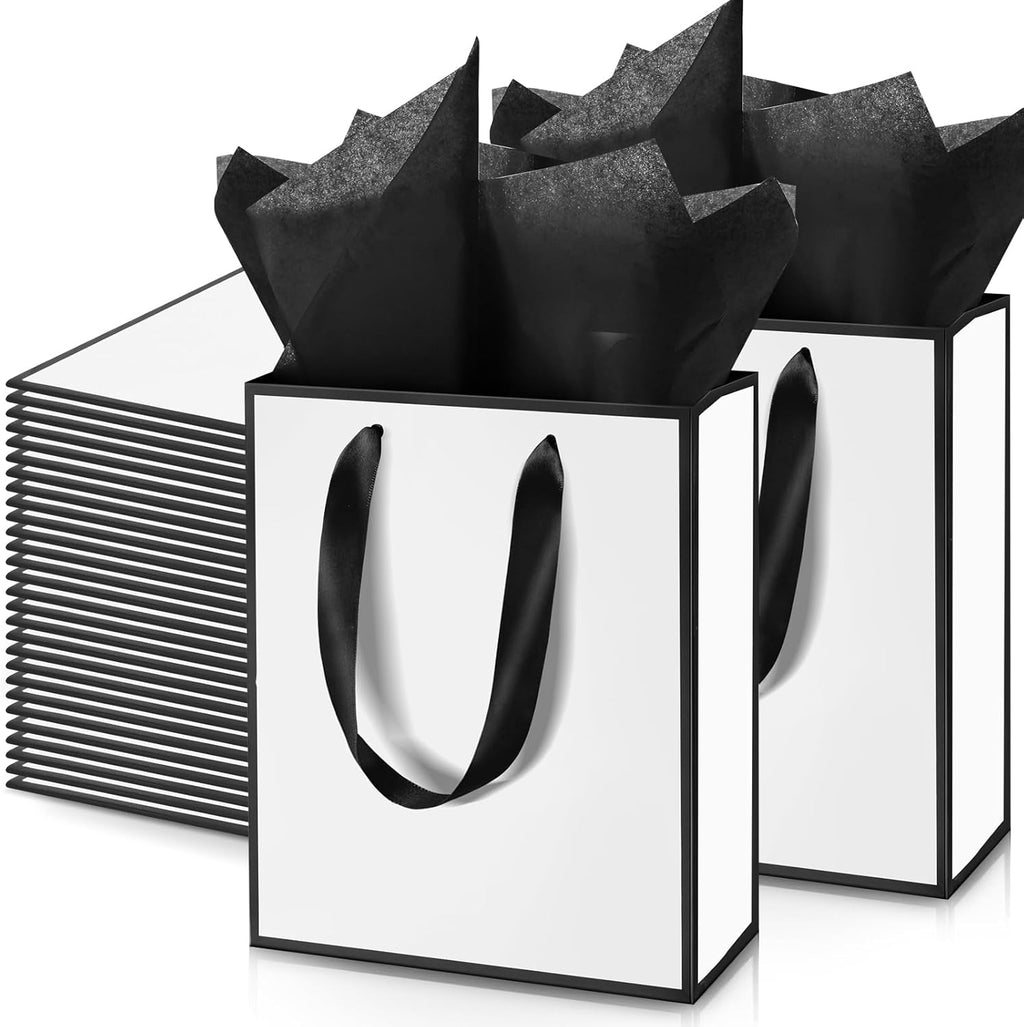 50 Pack Metallic Paper Gift Bag Bulk with Handle, White Black
