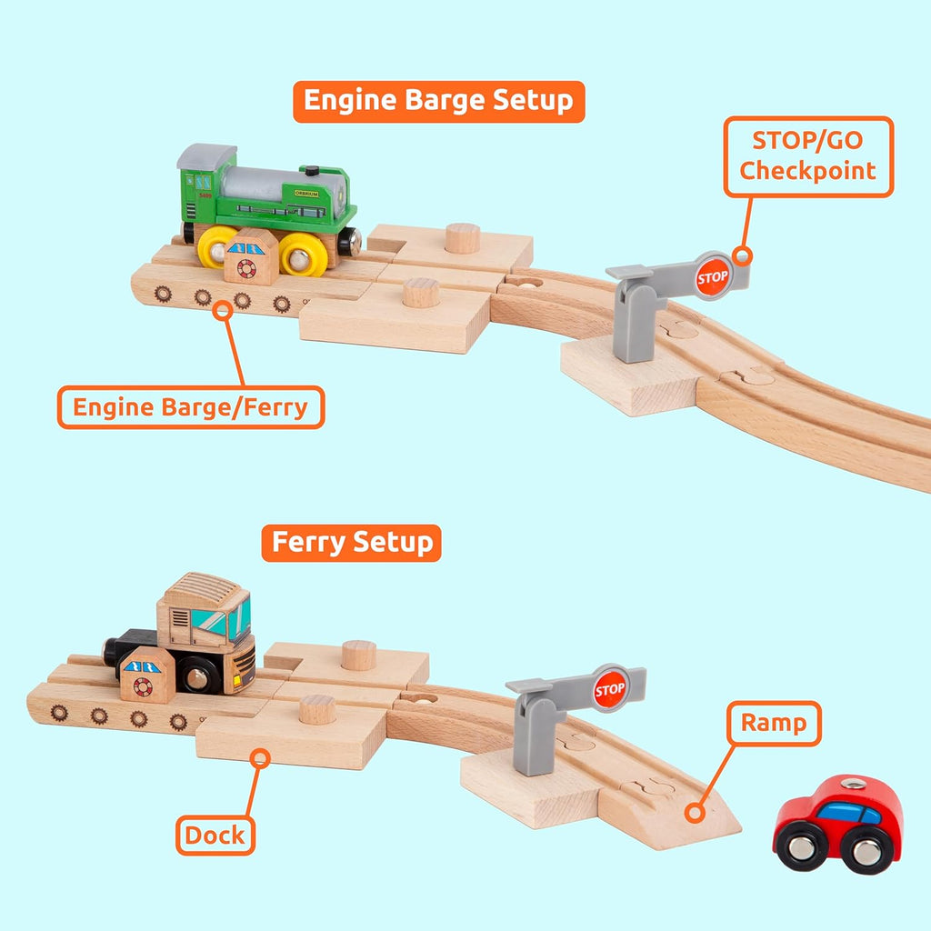 Wooden Train Tracks 68 Piece Expansion Pack Accessories with Arched Bridge, Engine Barge, Dock, Stop & Go Checkpoint