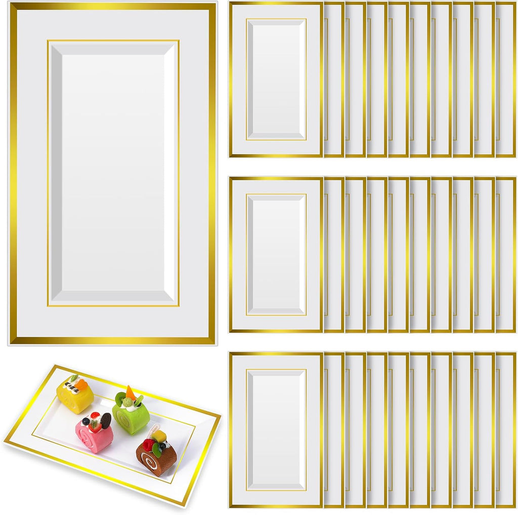 30 Pcs Disposable Plastic Serving Tray, White Gold Rim, 8 x 13 Inch
