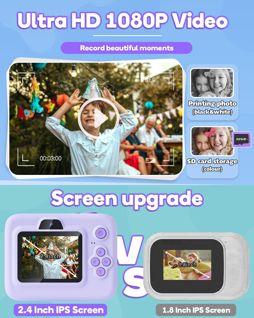 Instant Print Camera for Kids,2.4 Inch Screen Kids Instant Cameras, Christmas Birthday Gifts for Girls Age 3-12