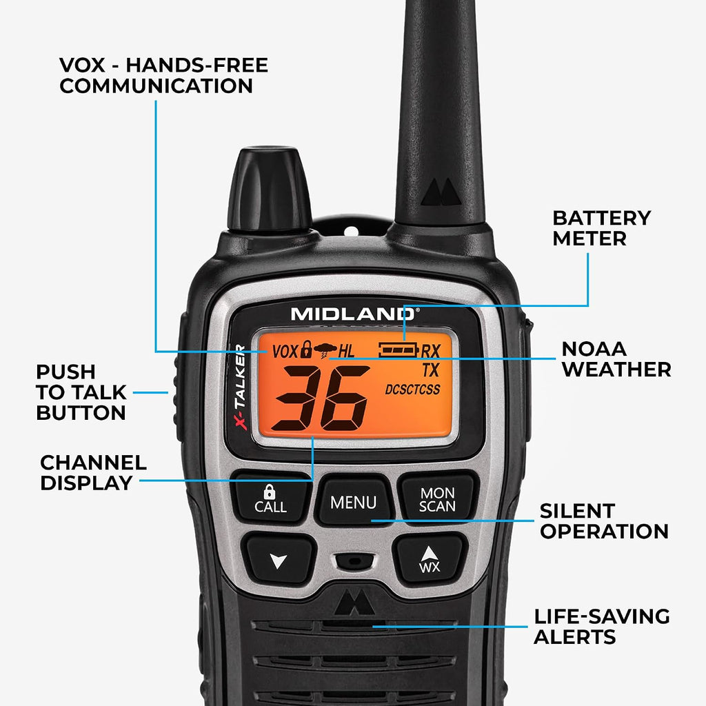 T77VP5 X-Talker FRS Walkie Talkie, Black | Licence Free, Up to 38 Mile Radius, 36 Channels, 121 Privacy Codes
