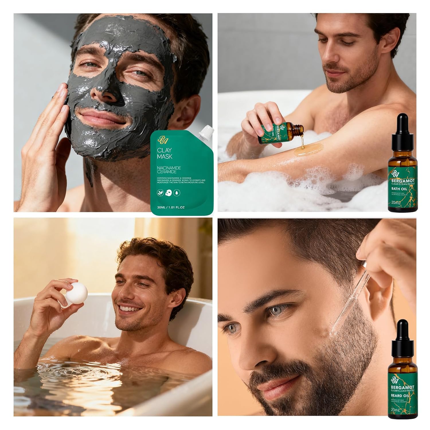 Men Bergamot Facial Skin Care Set, Fathers Day Gift, 21 Pcs Beard Grooming Kit, Bath and Body Gift Basket Set