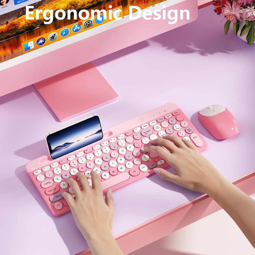 Retro Wireless Keyboard with Round Keycaps, 2.4GHz Full-Size USB Cute Wireless Keyboard Mouse for Computer, Desktop