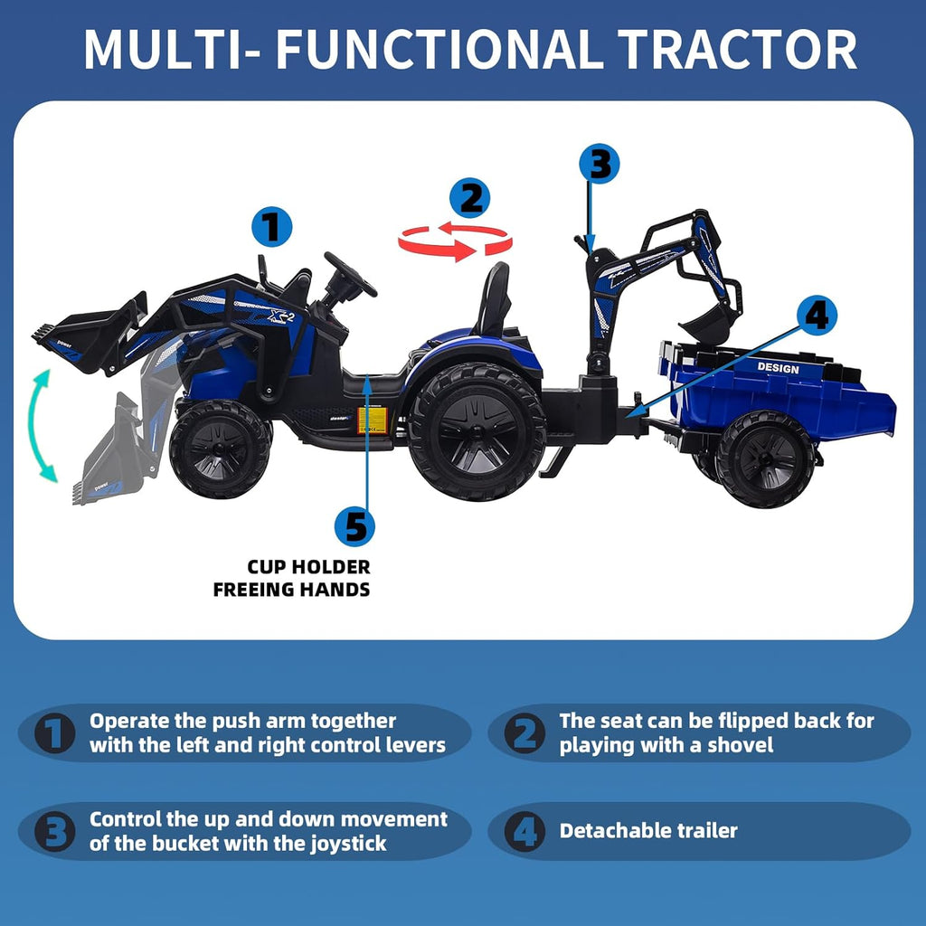 3 in 1 Kids 24V Ride On Tractor, Excavator & Bulldozer, Electric Vehicle w/Trailer, Digger, Shovel Bucket, Remote