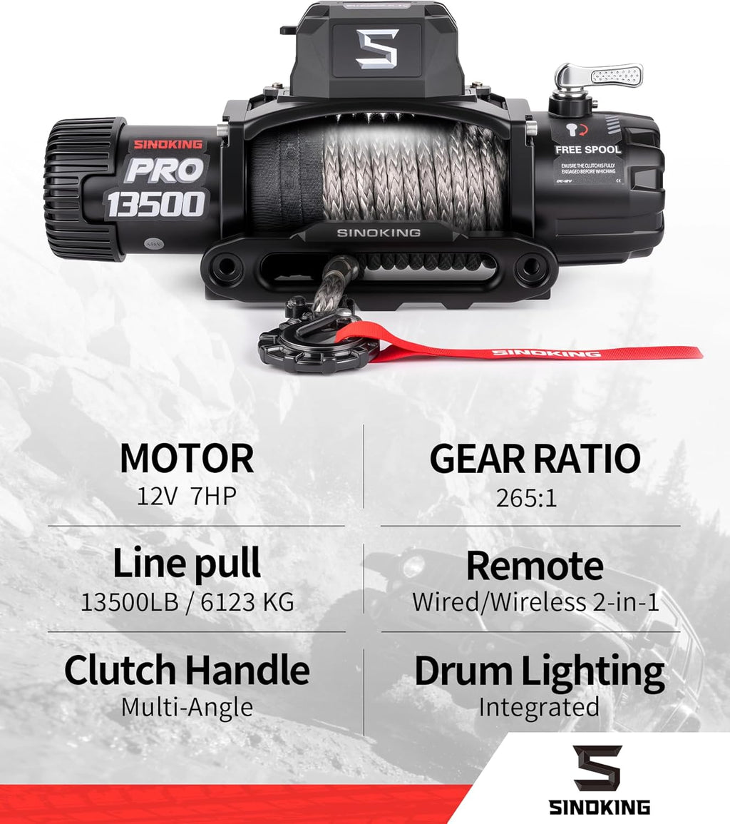 PRO Series 13500 lb Electric Winch, 12V Towing Winch, Synthetic Rope, 2-in-1 Wired/Wireless Remote, Waterproof IP67