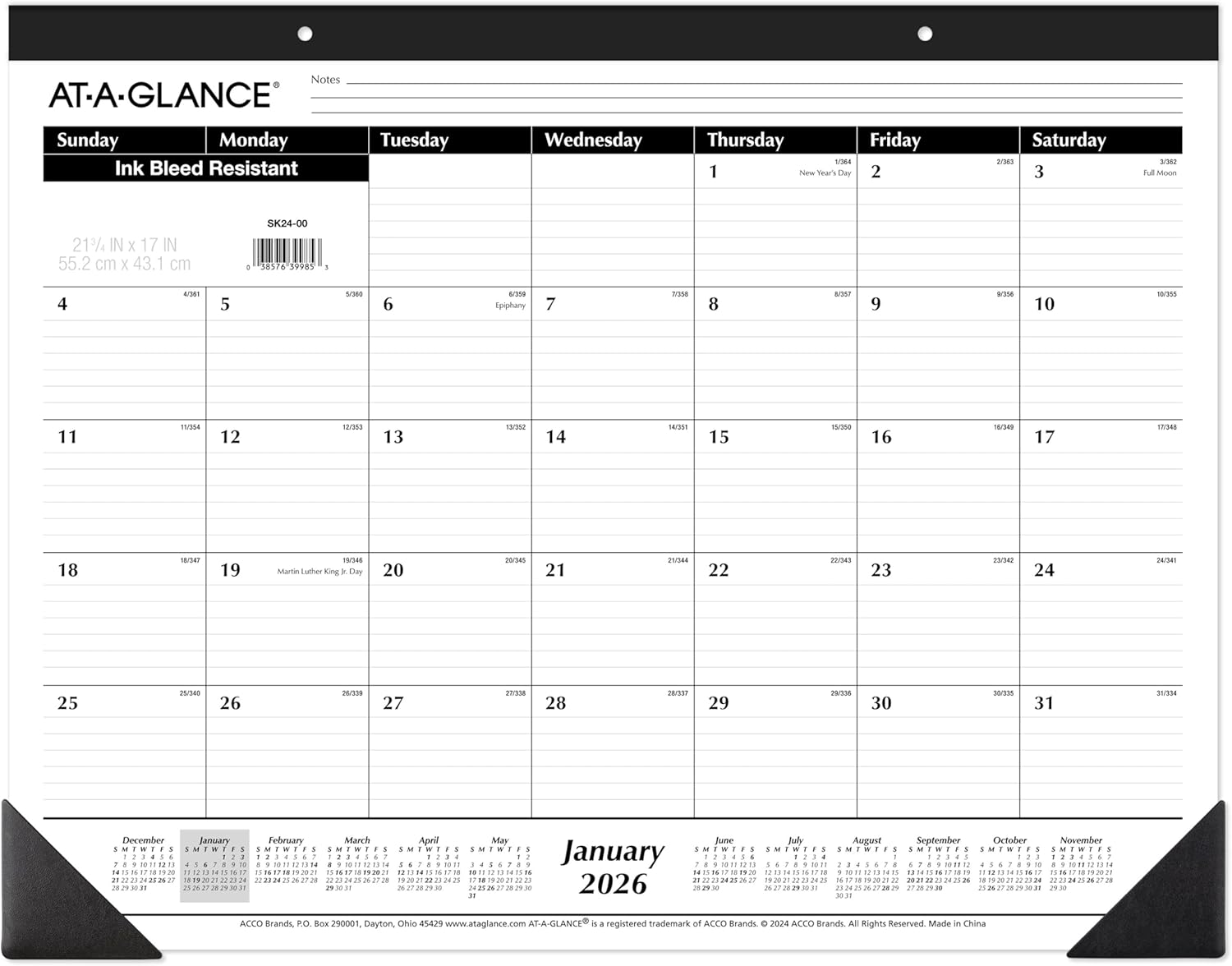 2026 Desk Calendar, Monthly, Desk Pad, 21-3/4" x 17", Large, Ruled Blocks (SK240026), White
