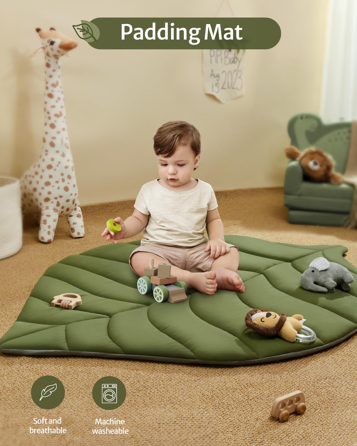 Baby Play Gym & Activity Mat, Oversize Leaf Shaped Baby Play Mat w 6 Detachable Toys, Tummy Time Mat Promote Motor