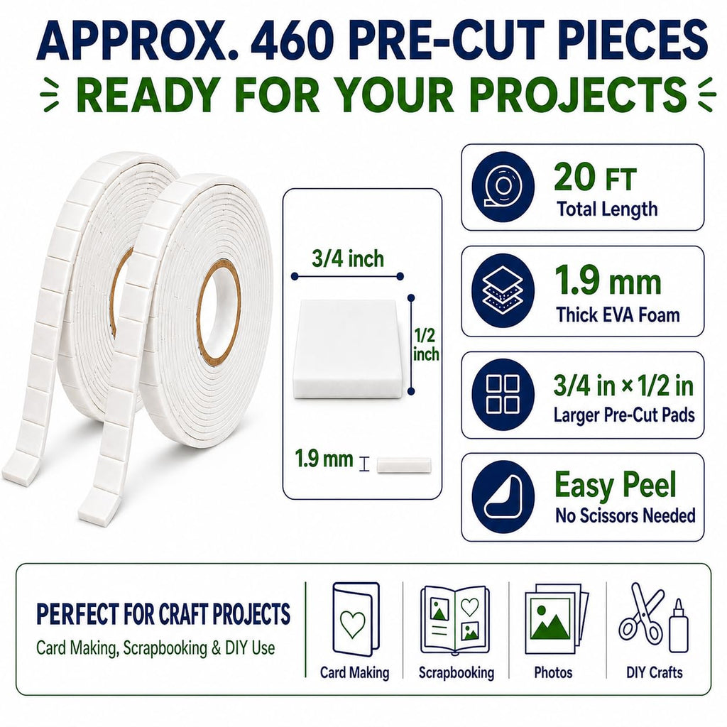 2 Rolls Pre-Cut Double Sided Foam Tape, 460 Large Craft Pads or Card Making
