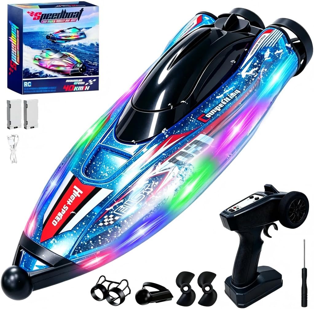 Remote Control Boat for Kids, 25 MPH Brushless RC Boat Fast Speed | LED Light, 2 Batteries, Self-righting, 2 Speeds