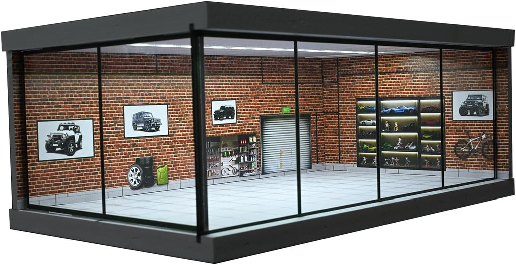 1/64 Diorama Garage Model LED Lighting Showroom Parking Lot Display Case | 5 Parking Space, Acrylic Dust Door, Red