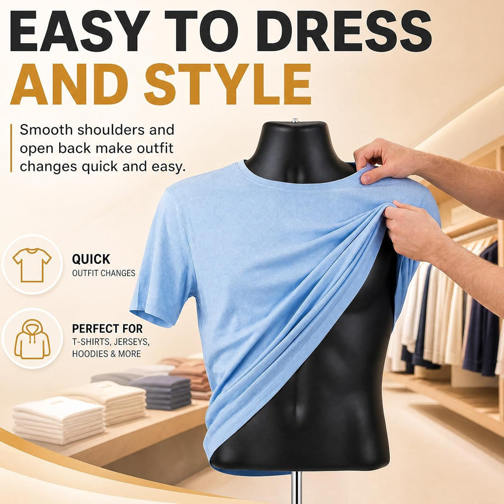 2 Pack Male Mannequin Torso Half Body Mannequin with Stand and Hanging Hook Stackable Dress Form Hollow Back for