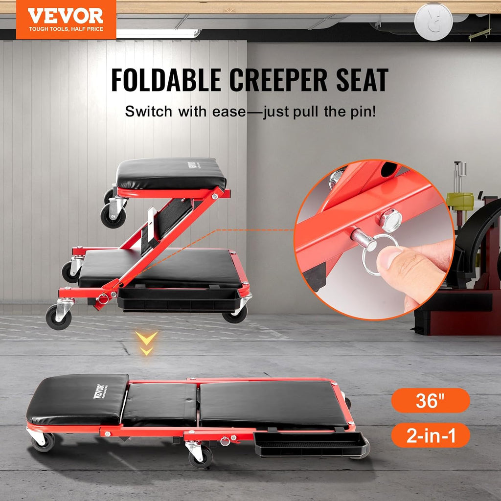 Foldable Z Garage Creeper, 36 in, 300 lbs Load Capacity Rolling Folding Mechanic Creeper Stool, with 6 Wheels Tool