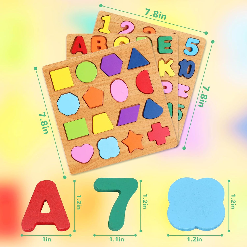 Alphabet Wooden Puzzles for Toddlers 3-5, Pack of 3 ABC, Number and Shape Puzzle, Preschool Educational Learning Toys