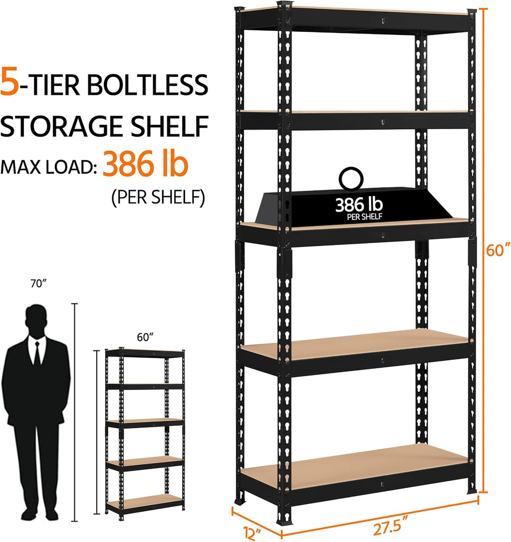 5-Tier Utility Shelves, Metal Storage Shelves, Adjustable Shelving Units, Boltless Assembly, Garage Shelves Shed