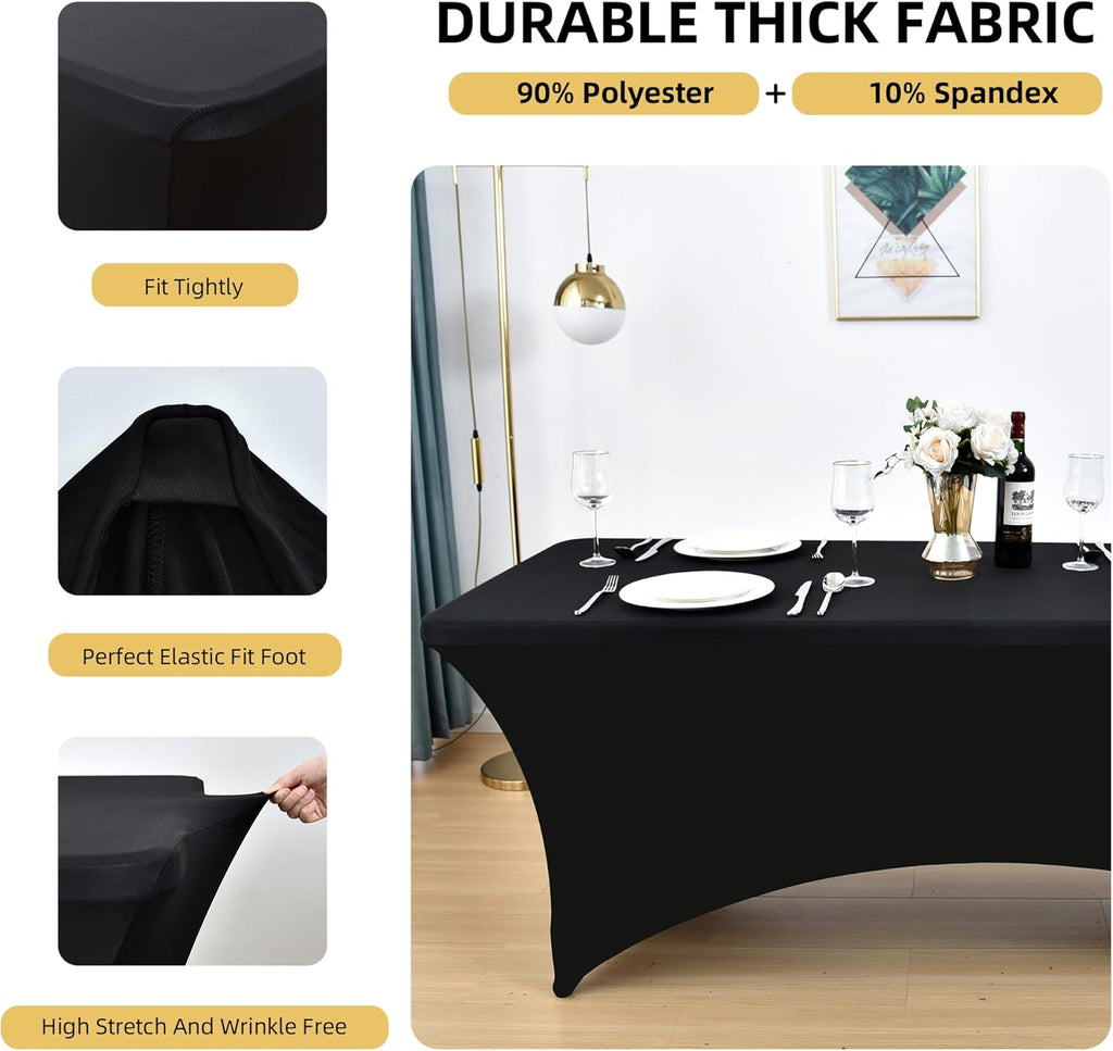 2-Pack 6ft Black Spandex Table Covers for Rectangle Standard Folding Tables - Wrinkle Resistant Stretch Tablecloths