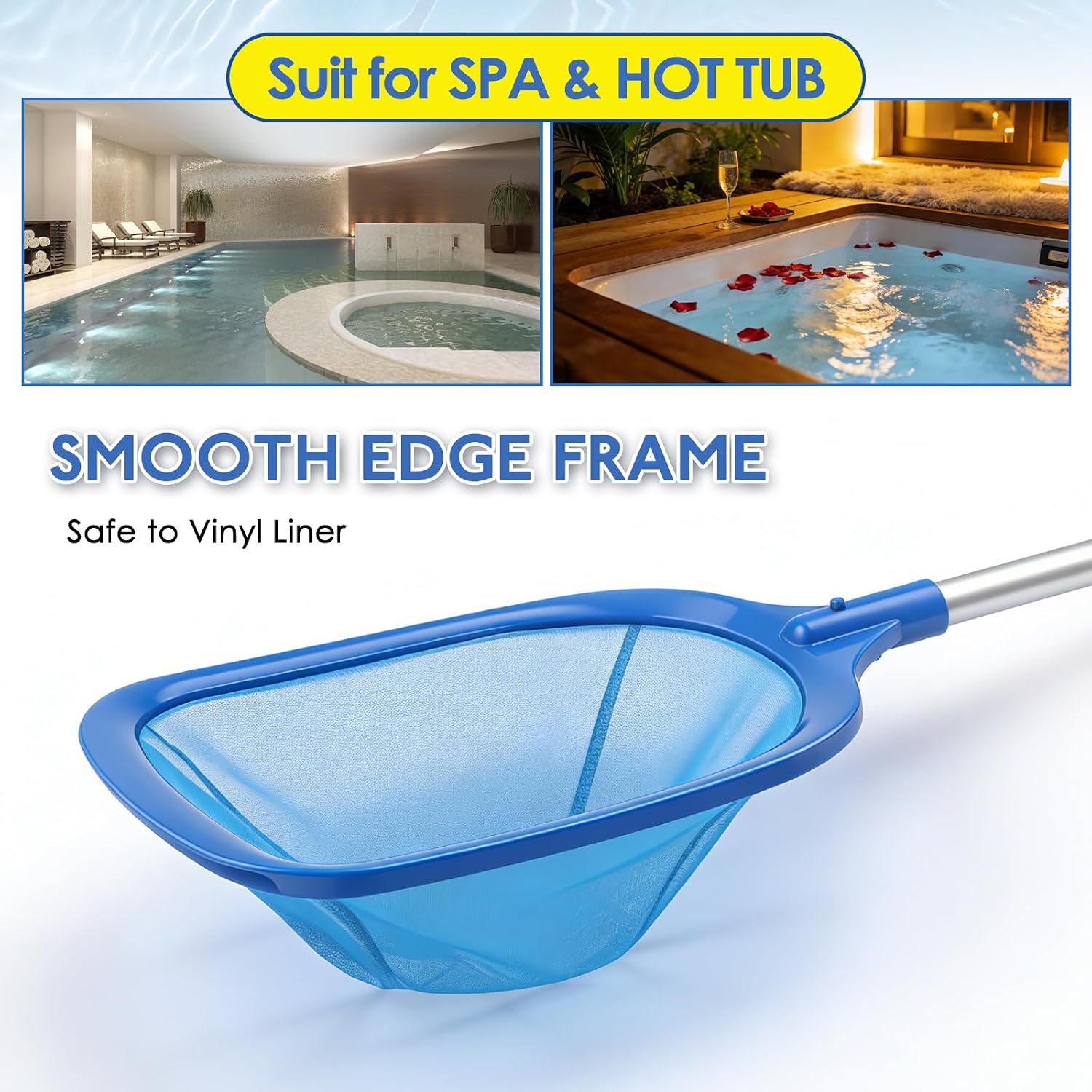 Hot Tub Pool Skimmer Spa Net with 12'' Aluminum Pole 11" x25" Blue Mesh, 6-Inch Deep for Small Above Ground Pools