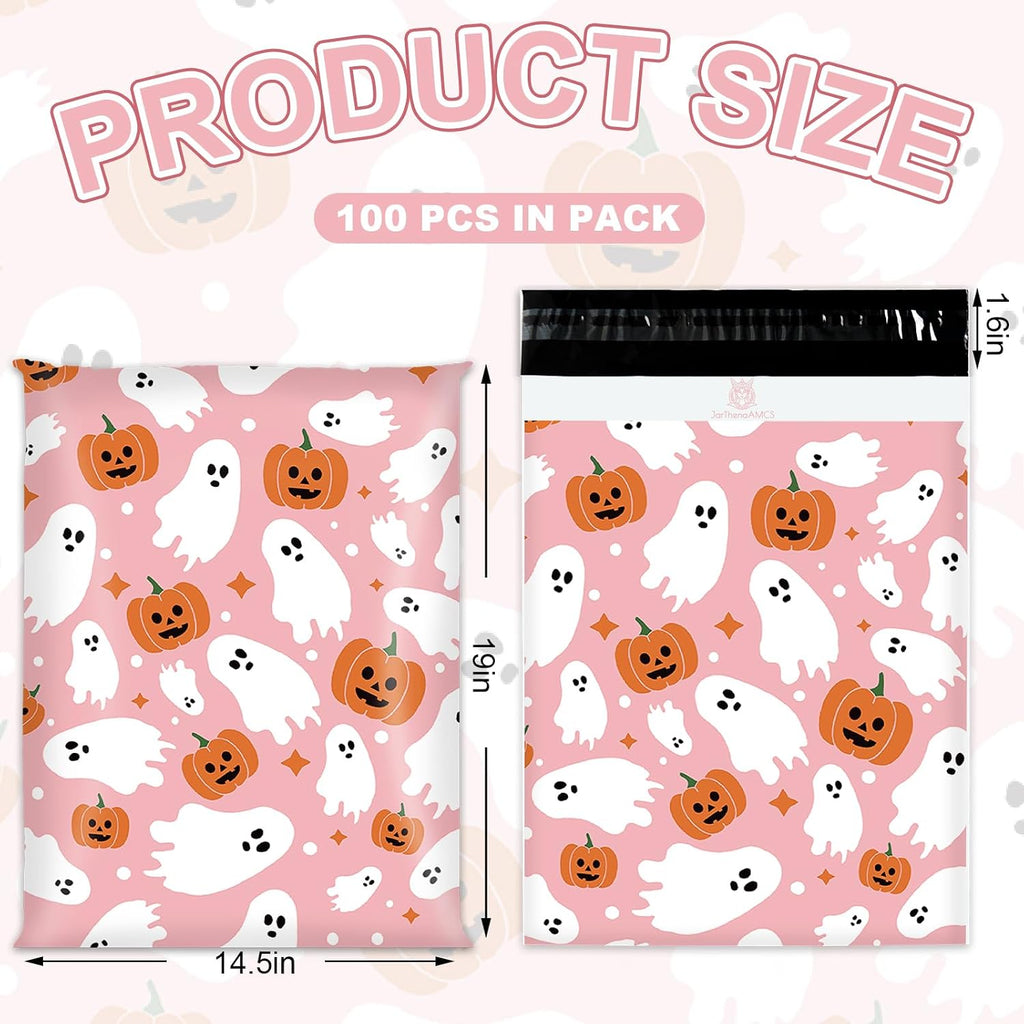 100Pcs Halloween Poly Mailers 14.5 x 19 Inch Pink Ghost Pumpkin Packaging Bags Large Self Seal Mailing Envelope Bags