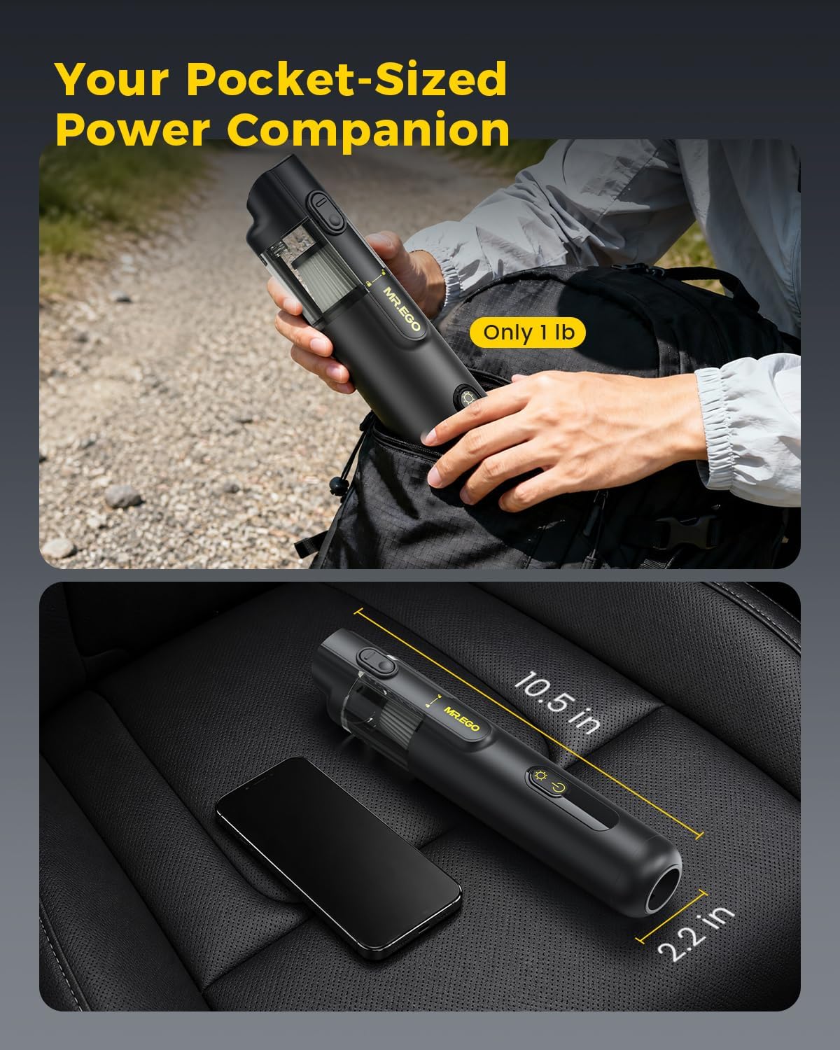 Car Vacuum Portable Cordless, 26Kpa Mini Vacuum with Brushless Motor | Up to 45‑Min Runtime, 4-in-1 Vacuum/Air