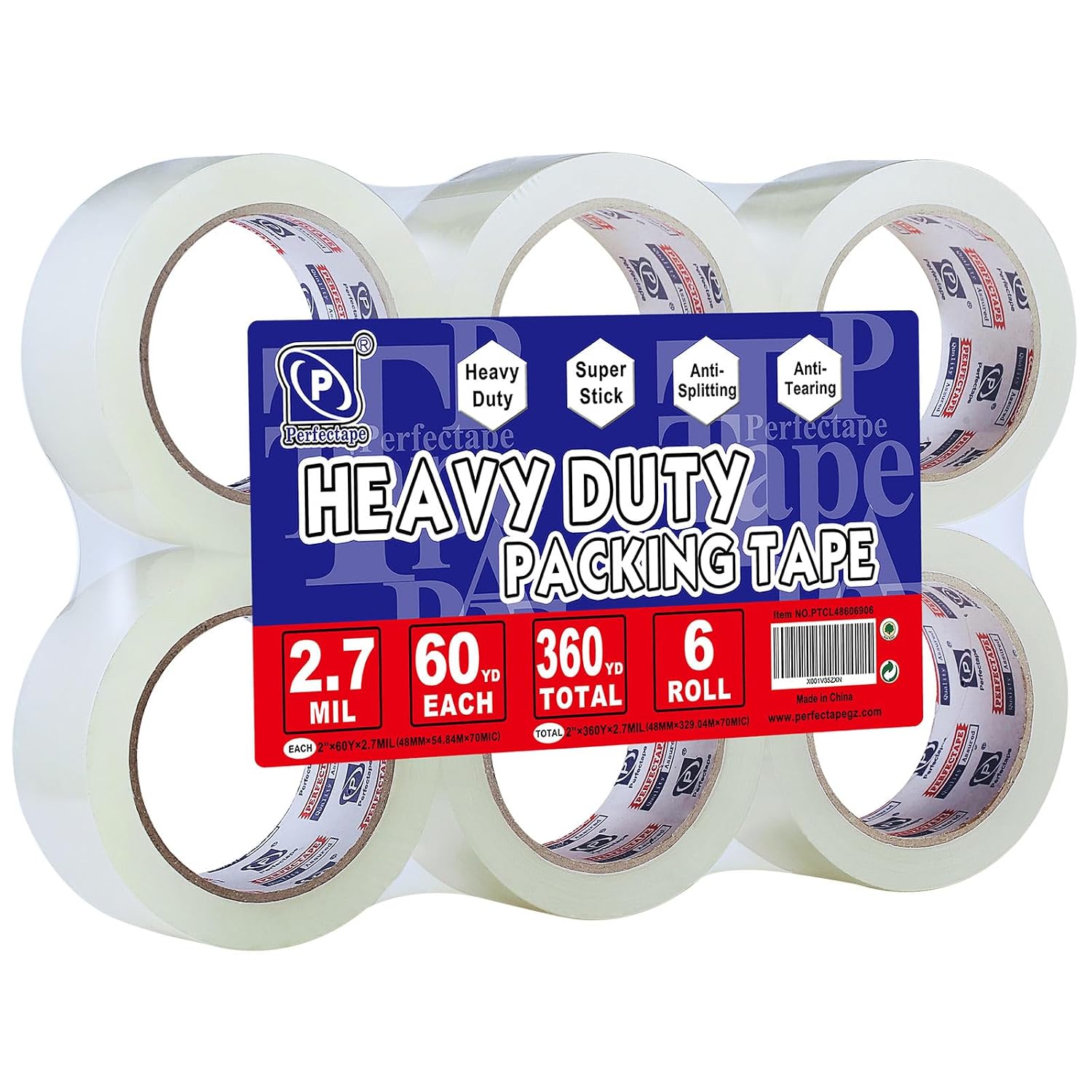 Heavy Duty Packing Tape 6 Rolls, Clear, 2.7 mil, 1.88" x 60Y | Total 360Y, Ultra Strong, Refill for Packaging and