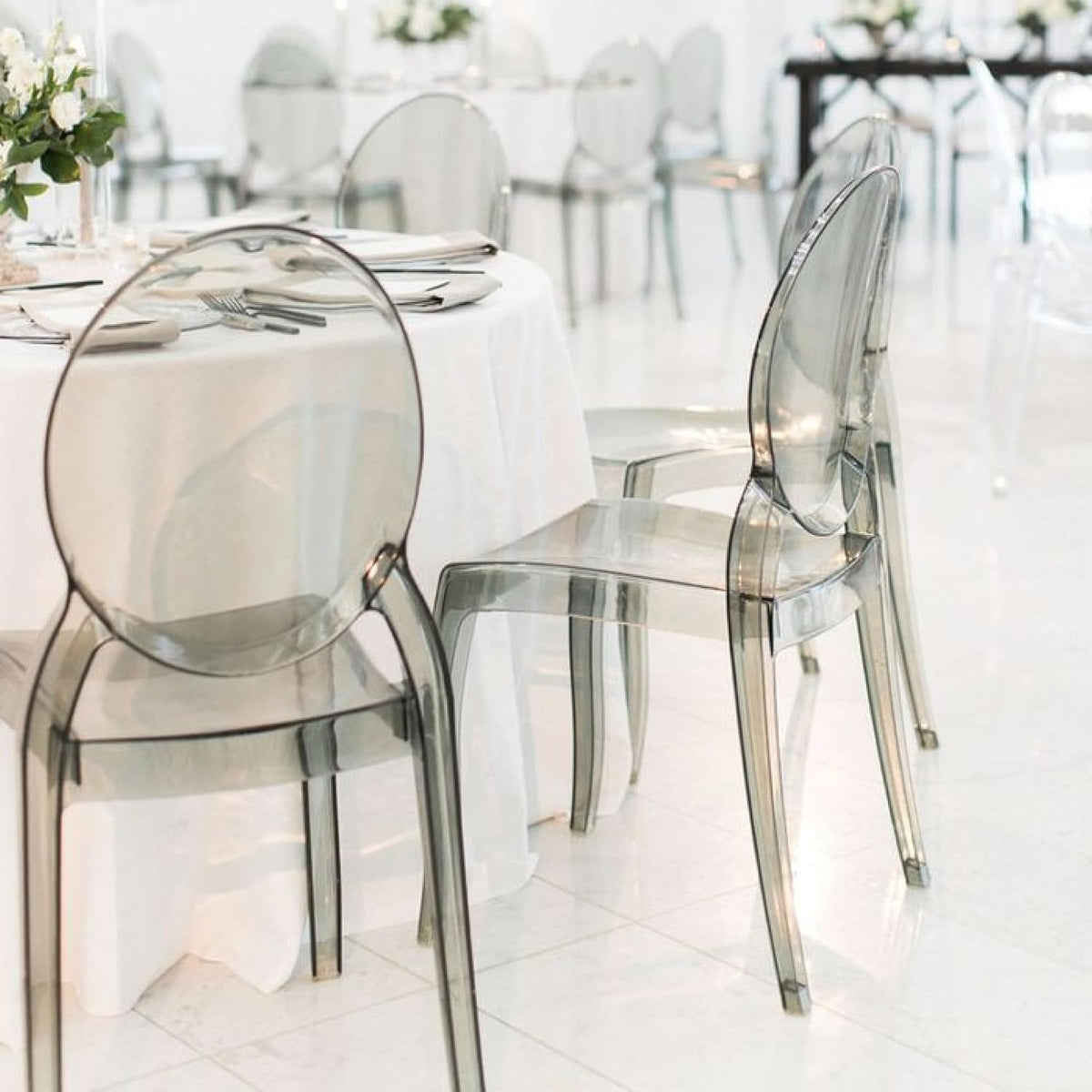 Large Acrylic Ghost Chairs Set of 4, 20 Inch Seat, Smoke Grey