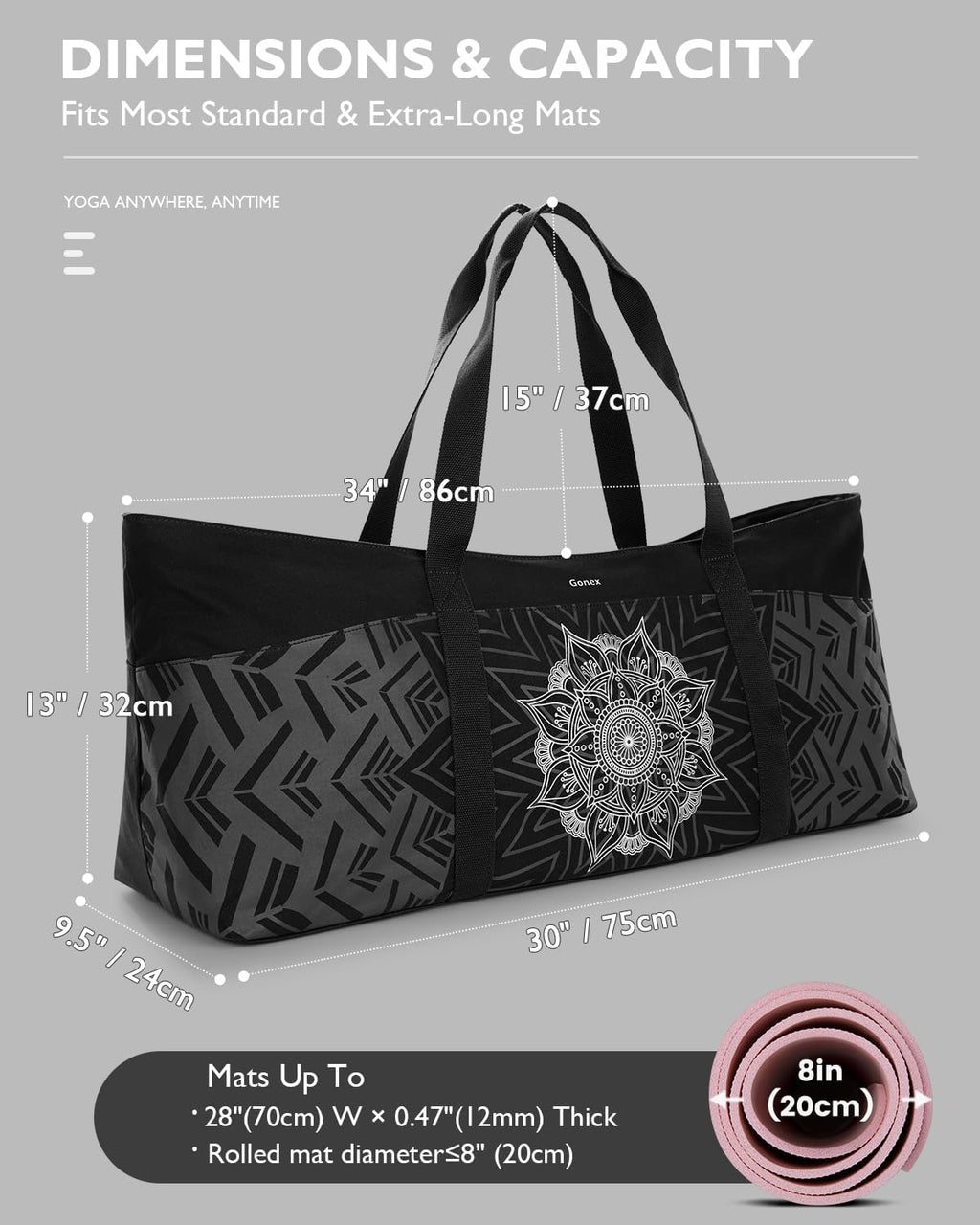Yoga Mat Bag, Extra Canvas Gym Bag with Waterproof Pocket Metal Zipper, Fits Mat & Blocks, Stylish Yoga Mat Carrier