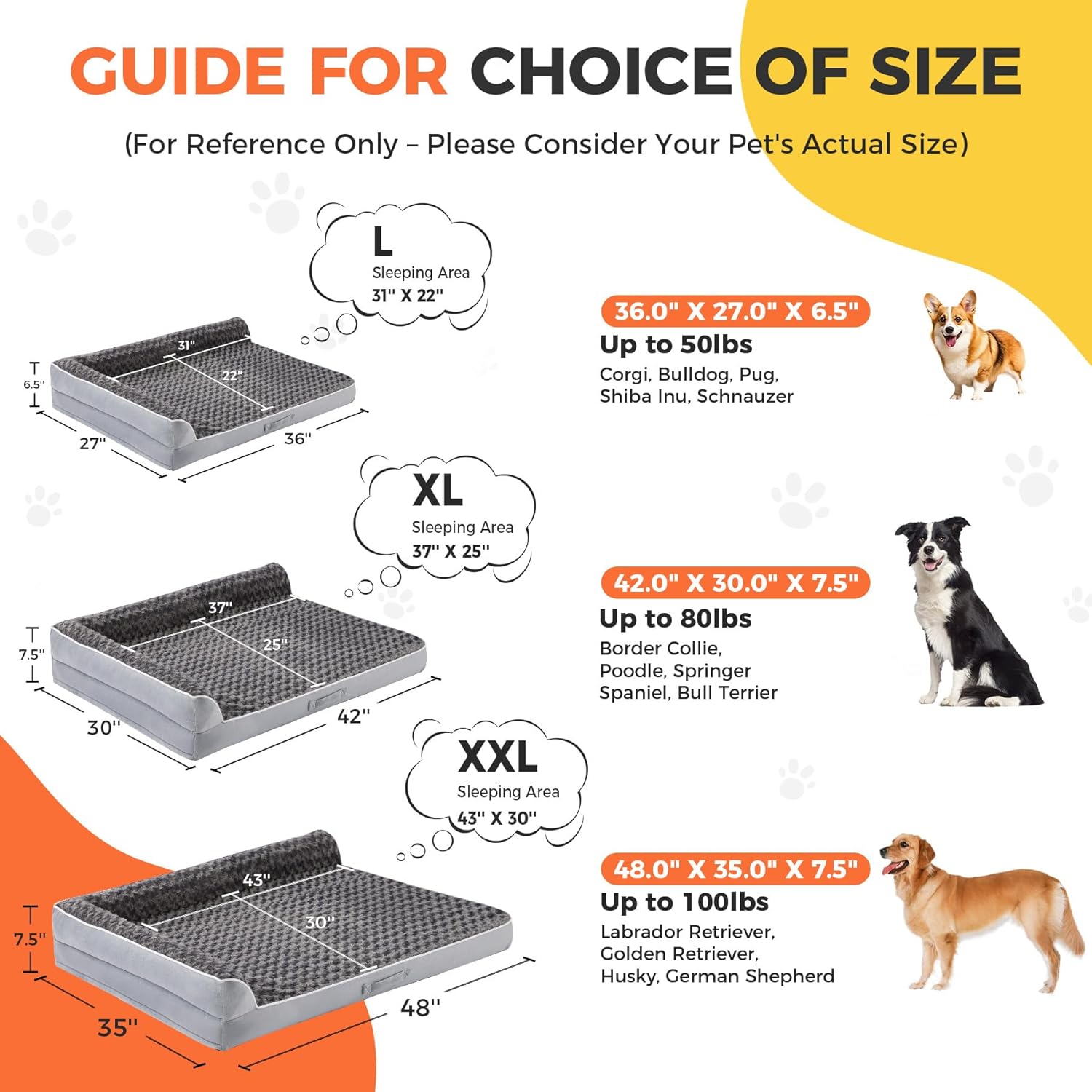 Dog Beds Large Sized Dogs, XL Orthopedic Dog Beds for Large Dogs 42"x30"x7.5", Waterproof Pet Bed with Washable