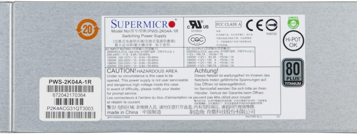 Supermicro PWS-2K04A-1R Power Supply - AC-DC 2000W, Titanium Level, Redundancy, 1U, PMBus 1.2