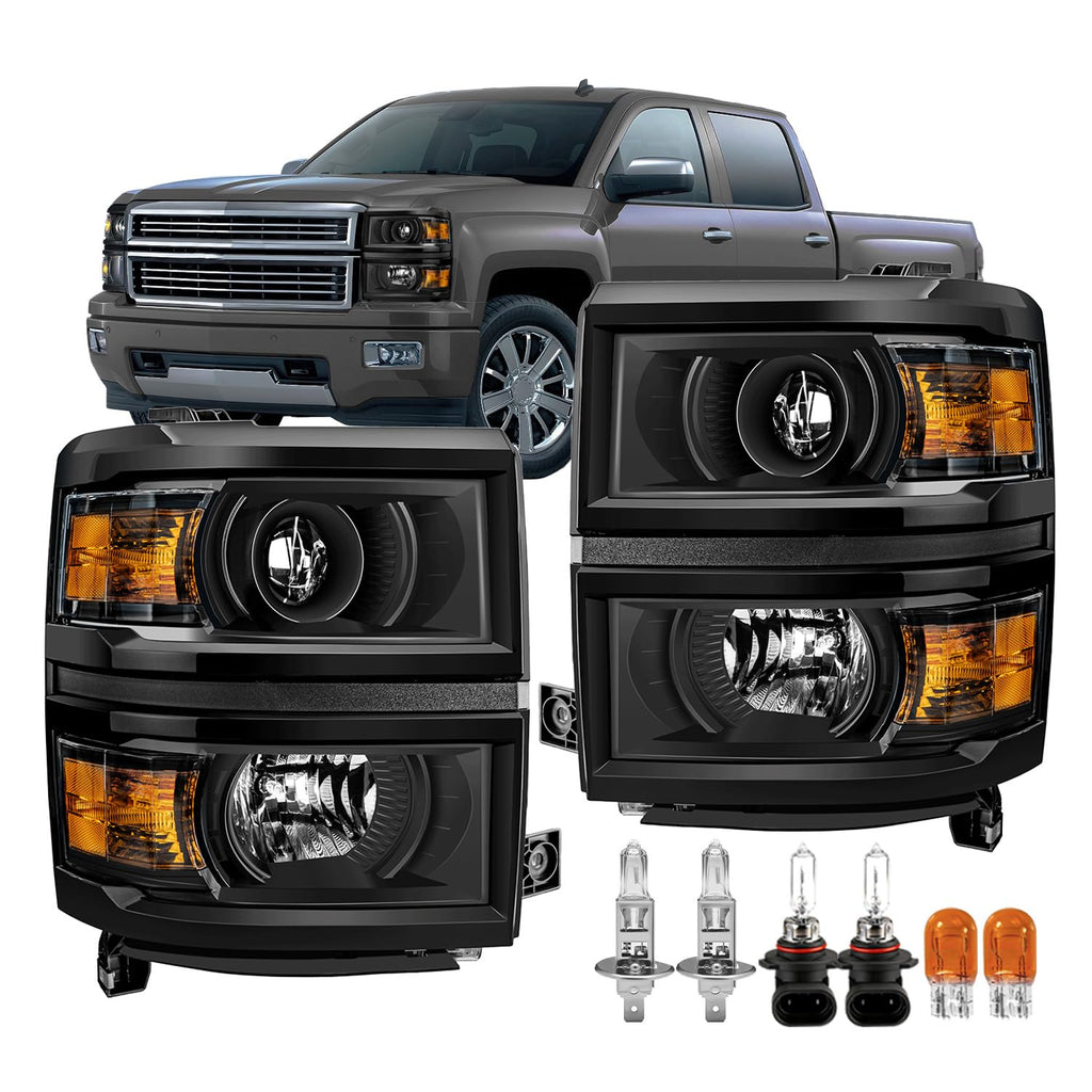 Projector Headlights Assembly with Bulbs for 2014 2015 Chevy Silverado 1500, OE Style Halogen Projector Front Lights