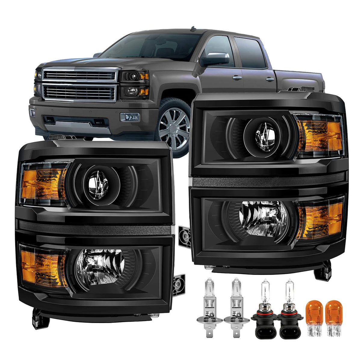 Projector Headlights Assembly with Bulbs for 2014 2015 Chevy Silverado 1500, OE Style Halogen Projector Front Lights