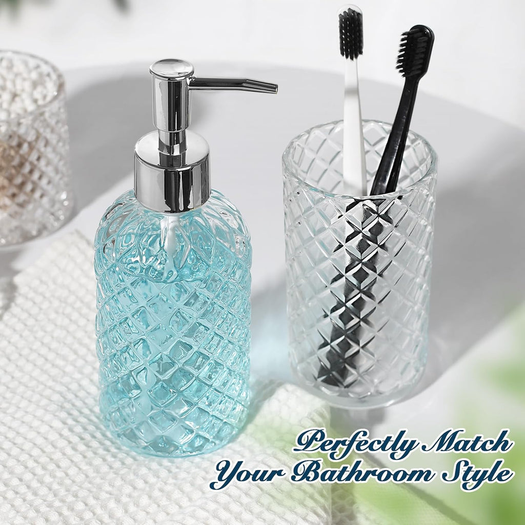 Bathroom Accessories Set, 4 Pack Clear Glass Bath Accessory Sets Complete, Diamond Soap Dispenser and Toothbrush