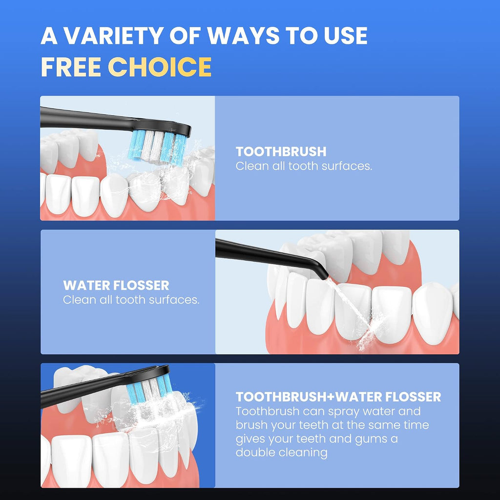 2-in-1 Electric Toothbrush with Water Flosser, Brush & Floss Combo, 3 Modes, 3 Brush Heads, Jet Tip, IPX7 Waterproof