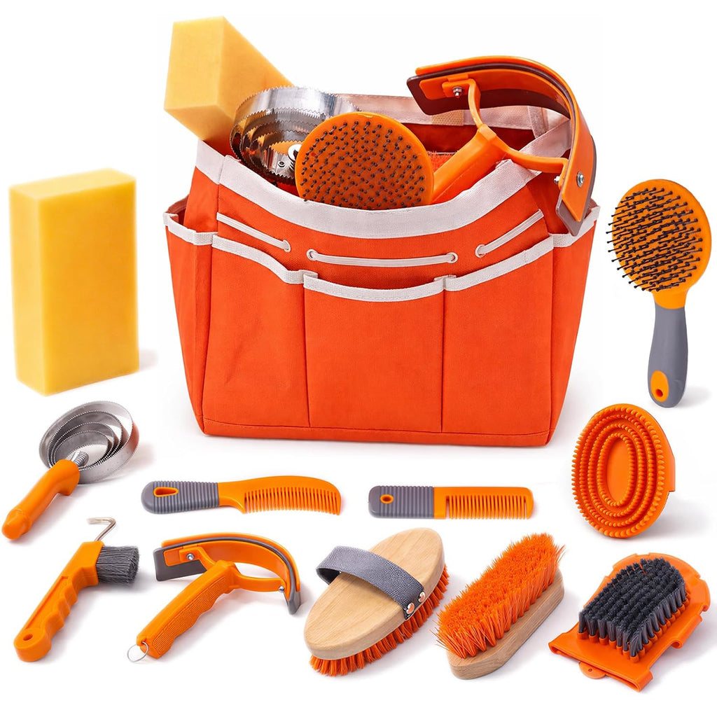Horse Grooming Kit, 12-Piece Horse Brush Set with Storage Tote, Orange
