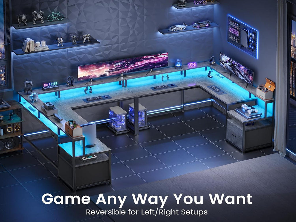 L Shaped Desk, 66" Home Office Desk with File Drawer & Power Outlet, Gaming Desk with Led Lights, Corner Computer
