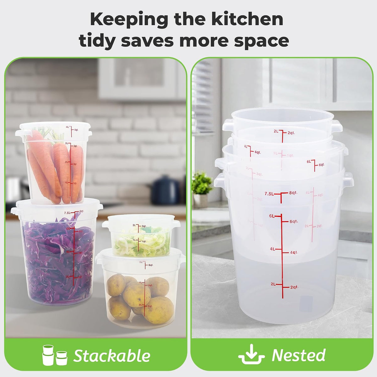 4 Pack 8 Qt Round Food Storage Containers with Lids, Translucent PP